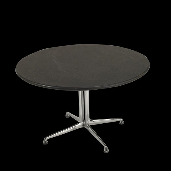 CHARLES AND RAY EAMES; HERMAN MILLER: La Fonda coffee table, USA, 1960s; Chromed steel and slate; Manufacturers label; 18" x 30" dia.