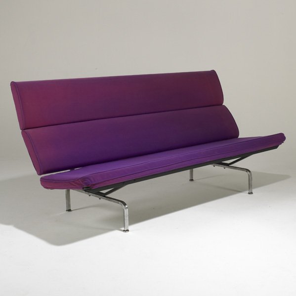 CHARLES AND RAY EAMES; HERMAN MILLER: Compact sofa, USA, 1960s; Chromed steel and upholstery; Unmarked; 35" x 72" x 28"