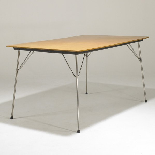 CHARLES AND RAY EAMES; HERMAN MILLER: Dining table (DTM), USA, 1950s; Matte chromed steel and birch plywood; Unmarked; 28 1/2" x 54" x 34"