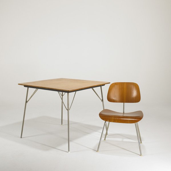 CHARLES AND RAY EAMES; HERMAN MILLER: Dining table and chair (DTM, DCM), USA, 1950s; Walnut, ash and matte chromed steel; Chair marked; Table: 29: x 32 sq.