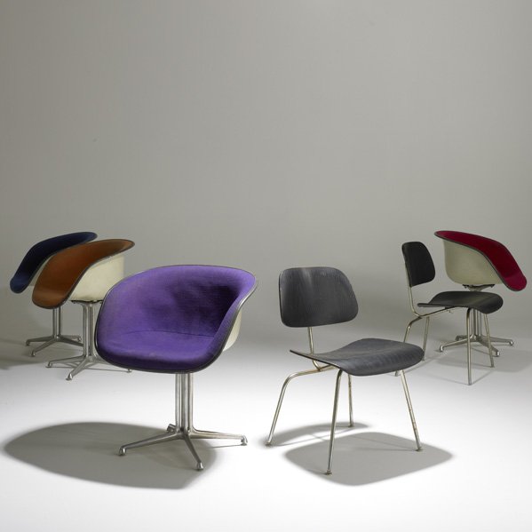 CHARLES AND RAY EAMES; HERMAN MILLER: Set of four La Fonda chairs and pair of DCM's, USA, 1960s; Painted plywood, chromed steel, cast aluminum, molded fiberglass and canvas; Most with paper labels; La Fonda: 30" x 25" x 22"
