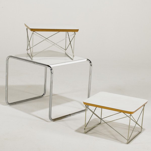 CHARLES AND RAY EAMES; MARCEL BREUER: Three tables: two LTR and one occasional, 1960s; Laminate, matte chromed steel and zinc-plated metal: Manufactured labels: Largest: 18" x 21" x 19"