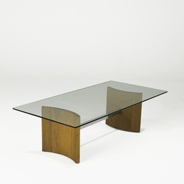 VLADIMIR KAGAN; SELIG: Coffee table, USA. 1960s Walnut, chromed steel and glass; Unmarked; 15" x 50" x 25"