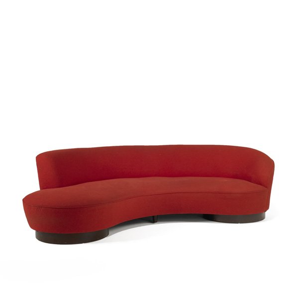 STYLE OF VLADIMIR KAGAN: Sofa, USA, 1990s; Wool and stained wood; Unmarked; 31" x 106" x 38"