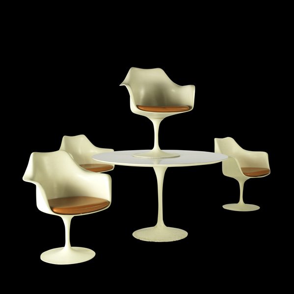 EERO SAARINEN; KNOLL INTERNATIONAL: Tulip dining table and four swivel armchairs, USA, 1970s; Laminate, painted cast-iron, painted fiberglass and vinyl; Chairs are labeled; Table: 29" x 48 dia., each chair: " 32" x 26" x 23"