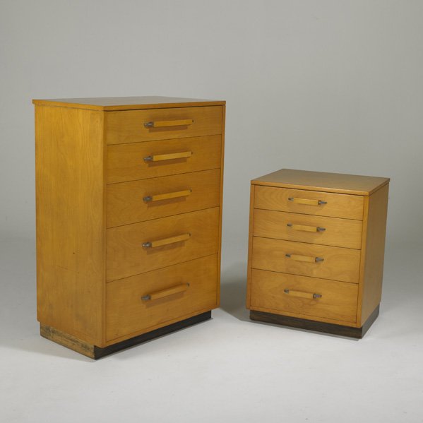 ELIEL SAARINEN; JOHNSON FURNITURE CO.: Two chests of drawers, USA, 1940s; Maple, matte chromed steel; Retailer's brass label: Taller: 46" x 32" x 21" and shorter: 30" x 24" x 21"