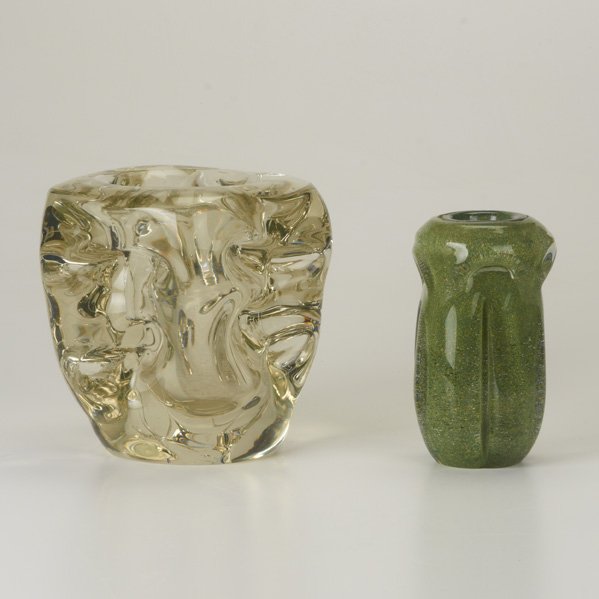 ANDRE THURET: Two free-form vessels, both thickly walled, smaller with green and metallic inclusions, France c.1930; Both signed; Largest: 7" x 7"