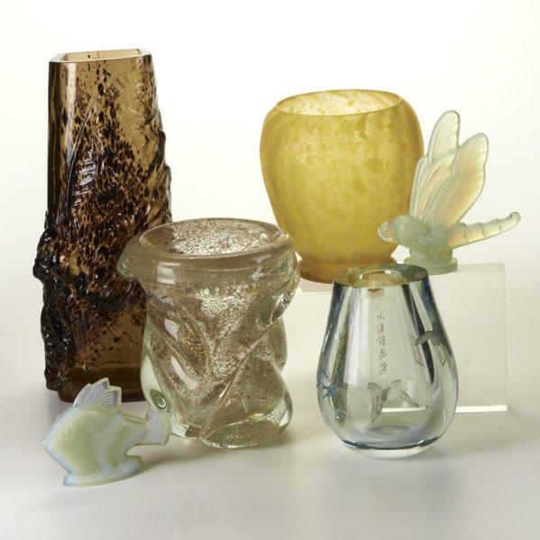 MID-CENTURY EUROPEAN GLASS: Six French and Italian pieces: Andre Thuret vase with internal metallic decoration, Sabino dragonfly and fish, thickly walled vase with Asian characters, blown out vase with Moth, and speckled vase; S