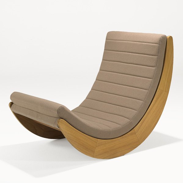 AFTER VERNER PANTON: Rocking chair, c. 2000; Cotton, teak; Unmarked; 31" x 43" x 24 1/2"