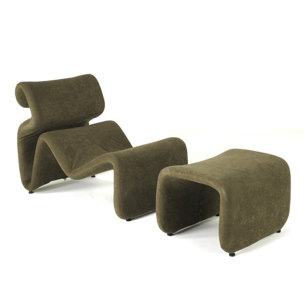 JAN EKSELIUS; CRASSEVIG: Etcetere chair and foot stool, Sweden, ca. 1970; Stretch upholstery; Unmarked; Chair: 33" x 24" x 33"