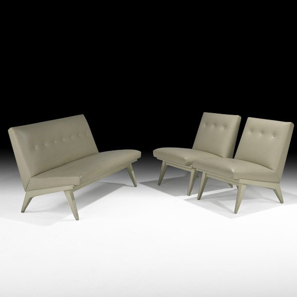 JENS RISOM: Settee and pair of lounge chairs, USA, 1950s; Painted wood, leather; Unmarked; Settee: 31" x 49 1/2" x 29"; Chair: 31" x 24" x 29"