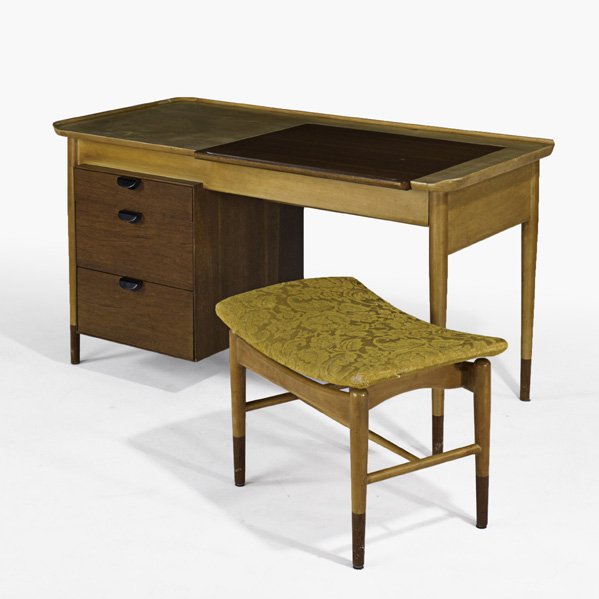 FINN JUHL; BAKER: Vanity with bench, Denmark, ca. 1951; Walnut, beech, enameled metal, upholstery, mirror, glass; Unmarked; 29" x 54" x 26"