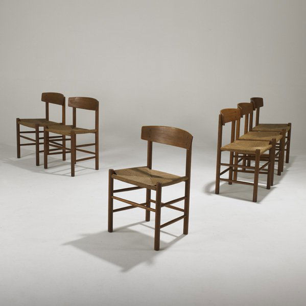 BORGE MOGENSEN; FDB MOEBLER: Set of six Shaker dining chairs (J39), Denmark, 140s; Oak and woven paper cord; Unmarked; Each: 29 1/2" x 19" x 17"