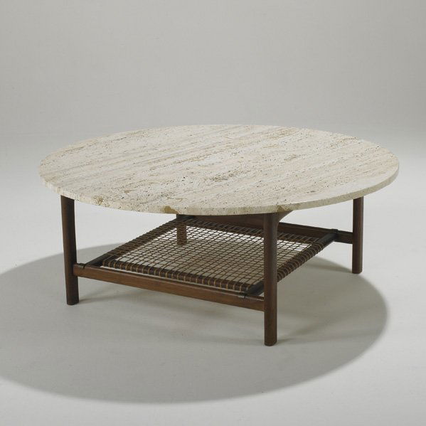 DUX: Coffee table, Sweden, 1950s; Walnut, travertine, cane and brass; Stamped; 16" x 42" dia