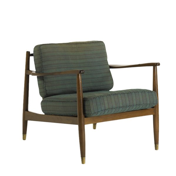 FOLKE OHLSSON; DUX: Lounge chair, Sweden, 1960s; Stained beech, brass and upholstery; Paper label; 26" x 28" x 29"