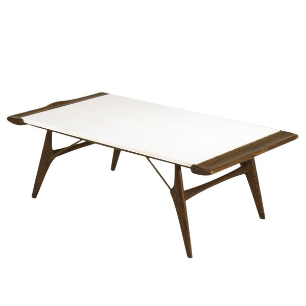 STYLE OF GRETA GROSSMAN: Coffee table, USA, 1950s; Milk glass, oak and brass; Unmarked; 15 1/2" x 44" x 24"