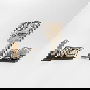 Miguel Berrocal, Cristina; Mini Maria; Micro David; Mini Zoraida (four works): Miguel Berrocal Cristina; Mini Maria; Micro David; Mini Zoraida (four works) Spain, c. 1980nickel-plated zamak, enameled brass, chrome-plated zamak and moonstone largest: 6 h x 3.125 w x 2.375 d in (