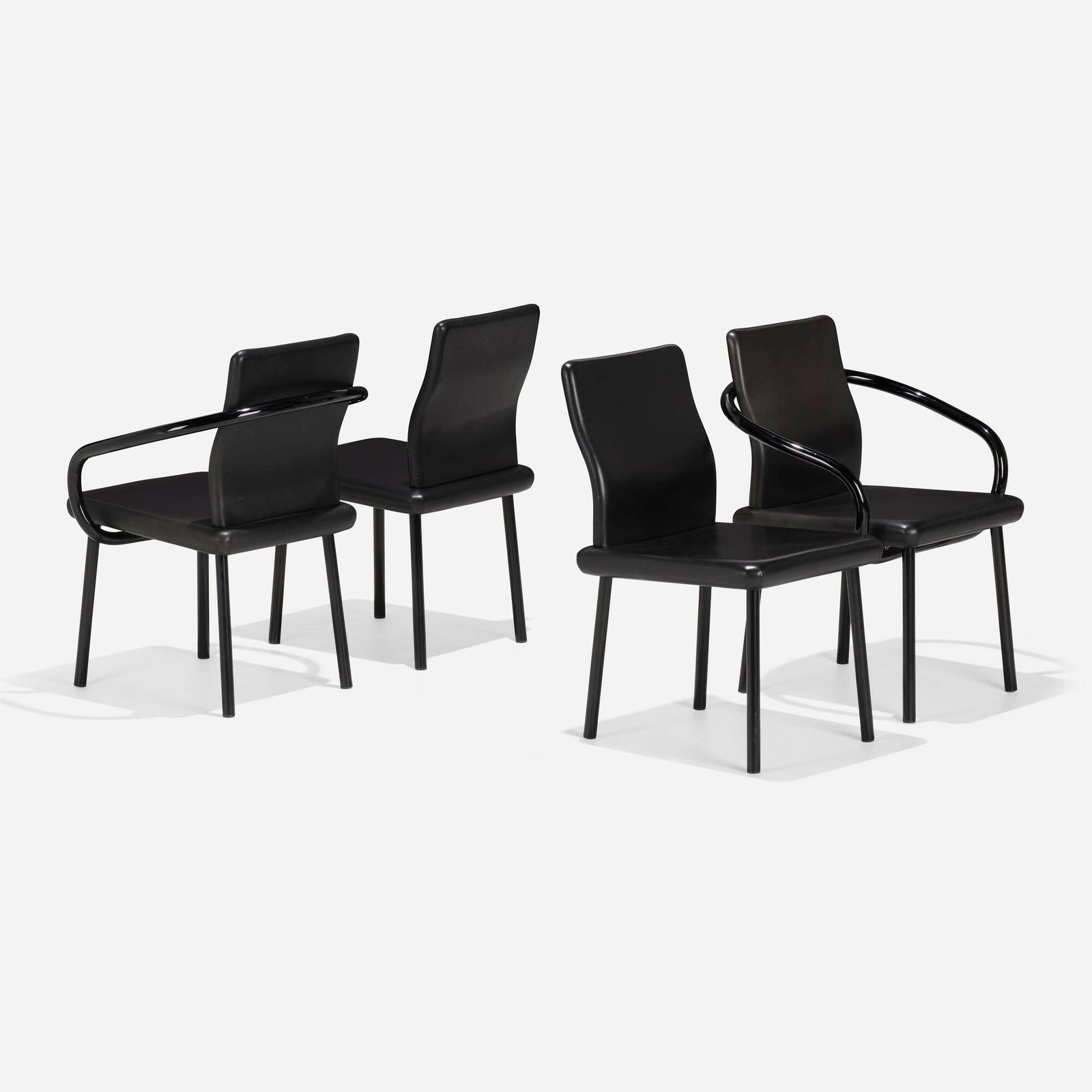 Ettore Sottsass, Mandarin chairs, set of four: Ettore Sottsass Mandarin chairs, set of four KnollStudio Italy / USA, 1986 / c. 2000 enameled steel, leather armchairs: 33 h x 26.25 w x 23 d in (84 x 67 x 58 cm) side chairs: 32.5 h x 18 w x