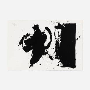 Robert Motherwell, Elegy Study: Robert Motherwell Elegy Study 1979lithograph on Twinrocker handmade paper 25.5 h x 37.5 w in (65 x 95 cm) Signed, numbered and inscribed to upper left 'For The Alexanders RM Trial Proof'. This