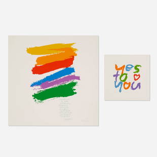 Corita Kent (Sister Mary Corita), Two works: Corita Kent (Sister Mary Corita) promise; yes to you (two works) 1978, 1979screenprint in colors 23 h x 23 w in (58 x 58 cm) 11.5 h x 11.5 w in (29 x 29 cm) Signed and numbered to lower edg