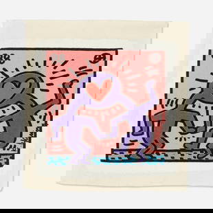Keith Haring, Untitled: Keith Haring Untitled (Dr. Winkie Wedding Invitation on canvas) 1988 screenprint in colors on canvas 7.50 h x 7.50 w in (19 x 19 cm) Printed signature and date to lower right and upper left '88 K.