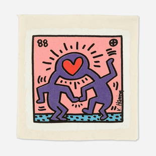 Keith Haring, Untitled: Keith Haring Untitled (Dr. Winkie Wedding Invitation on canvas) 1988screenprint in colors on canvas 7.50 h x 7.50 w in (19 x 19 cm) Printed signature and date to lower right and upper left '88