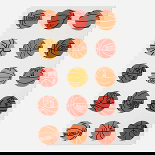 Jonas Wood, Untitled (eighteen sheets): Jonas Wood Untitled (Basketball Wallpaper) (eighteen sheets) 2013 digital print in colors on 212 GSM Wet Strength paper 60 h x 36 w in (152 x 91 cm) These eighteen works are from the edition