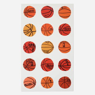 Jonas Wood, Untitled (eighteen sheets): Jonas Wood Untitled (Basketball Wallpaper) (eighteen sheets) 2013digital print in colors on 212 GSM Wet Strength paper 60 h x 36 w in (152 x 91 cm) These eighteen works are from the edition pu