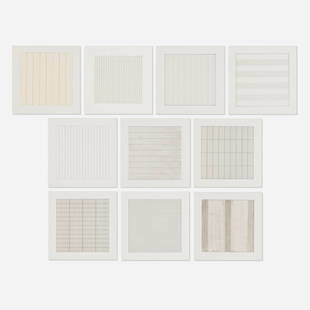 Agnes Martin, Paintings and Drawings: Agnes Martin Paintings and Drawings: Stedelijk Museum Portfolio 1991lithograph on vellum parchment, book image: 9 h x 9 w in (23 x 23 cm) sheet: 11.75 h x 11.75 w in (30 x 30 cm) portfolio: 12