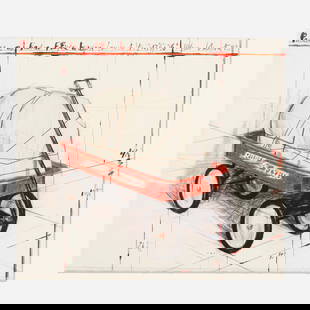 Christo, Package on Radio Flyer, Project: Christo Package on Radio Flyer, Project 1993 lithograph and screenprint in colors with collage on BFK Rives 19.5 h x 22 w in (50 x 56 cm) Signed, dated and numbered to upper right '111/200 Christo