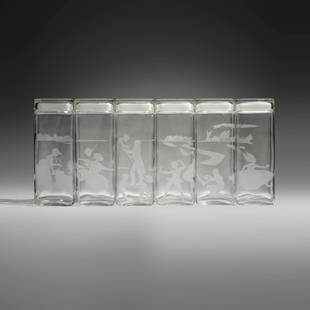 Kara Walker, Untitled (Canisters): Kara Walker Untitled (Canisters) 1997acid-etched glass each: 11.25 h x 4.125 w x 4.125 d in (29 x 10 x 10 cm) overall: 11.25 h x 25.25 w x 4.125 d in (29 x 64 x 10 cm) This complete set of