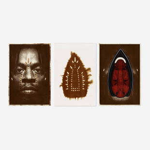 Willie Cole, Man, Spirit, and Mask: Willie Cole Man, Spirit, and Mask 1999 photoetching with embossing and hand-coloring; screenprint with lemon juice and scorching; photoetching and woodcut 40.875 h x 26.5 w in (104 x 67 cm) 39.25 h