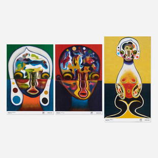 Izumi Kato, Three works: Izumi Kato Homme rouge; Femme verte; Jaune (three works) 2020offset lithograph in colors 23.625 h x 15.75 w in (60 x 40 cm) 28.625 h x 15.75 w in (73 x 40 cm) Signed, dated and numbered to