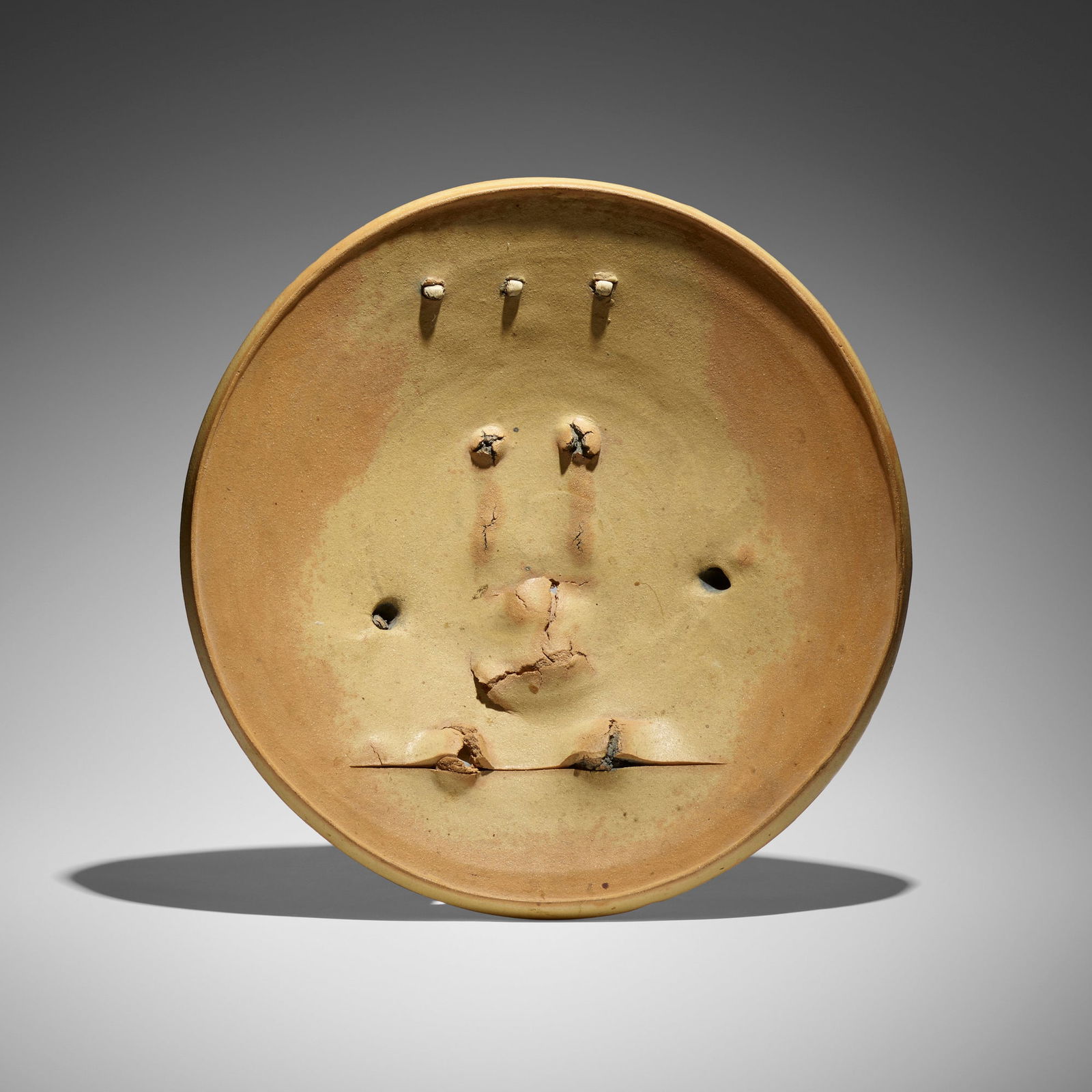 Peter Voulkos, Untitled (Plate): Peter Voulkos Untitled (Plate) USA, 1973glazed and incised gas-fired stoneware with porcelain pass-throughs 3.75 d x 18.5 dia in (10 x 47 cm) Glazed signature and date to underside 'Voulkos 73