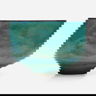 Gertrud and Otto Natzler, Cylindrical bowl: Gertrud and Otto Natzler Cylindrical bowl USA, 1964earthenware with Blue Green glaze 3.75 h x 5.25 dia in (10 x 13 cm) Signed to underside 'Natzler' with archive number 'N291'.