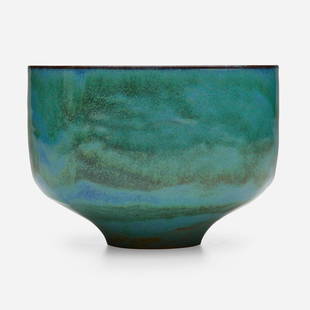 Gertrud and Otto Natzler, Cylindrical bowl: Gertrud and Otto Natzler Cylindrical bowl USA, 1964earthenware with Blue Green glaze 3.75 h x 5.25 dia in (10 x 13 cm) Signed to underside 'Natzler' with archive number 'N291'.