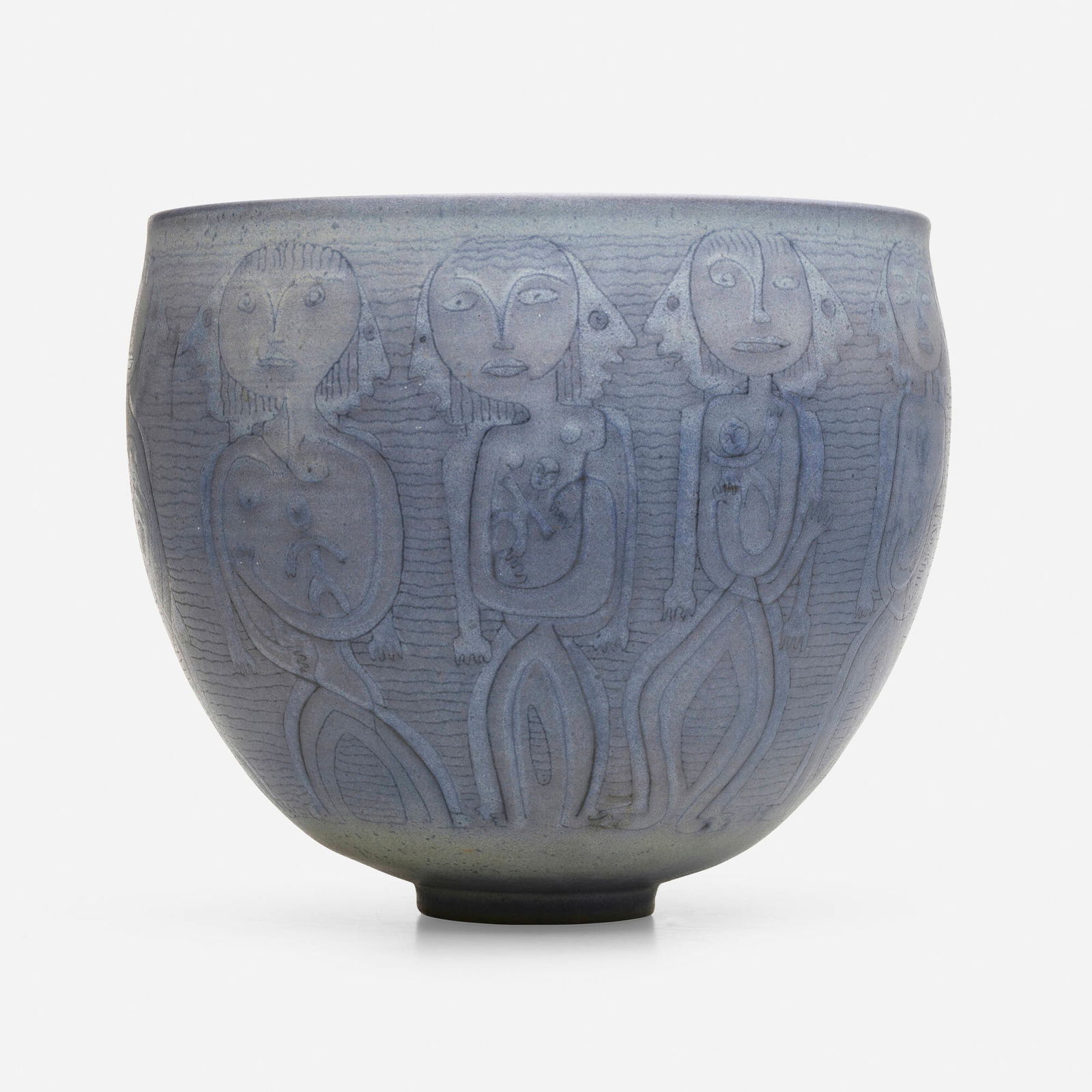 Edwin and Mary Scheier, Early vessel with figures: Edwin and Mary Scheier Early vessel with figures USA, c. 1960glazed stoneware with sgraffito decoration 10.75 h x 12 dia in (27 x 30 cm) Incised signature to underside 'Scheier'. Sold with a d