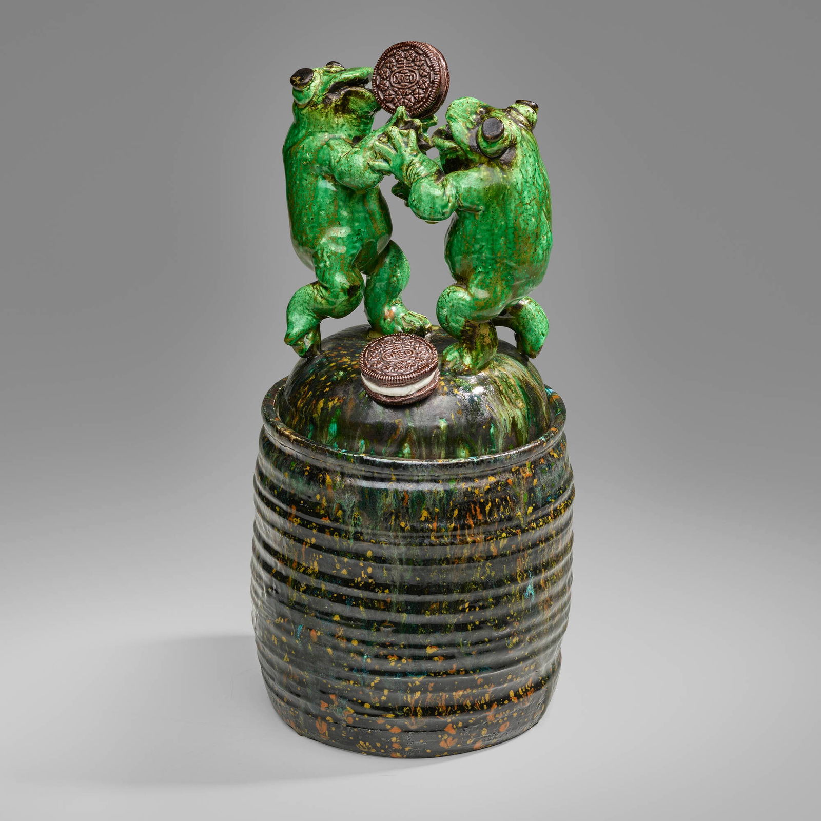 David Gilhooly, Oreo Fight! Oreo Cookie Jar: David Gilhooly Oreo Fight! Oreo Cookie Jar USA, 1994glazed earthenware 15 h x 7 dia in (38 x 18 cm) Incised signature and date to underside of jar and lid 'Gilhooly 1994'. Sold with a digital