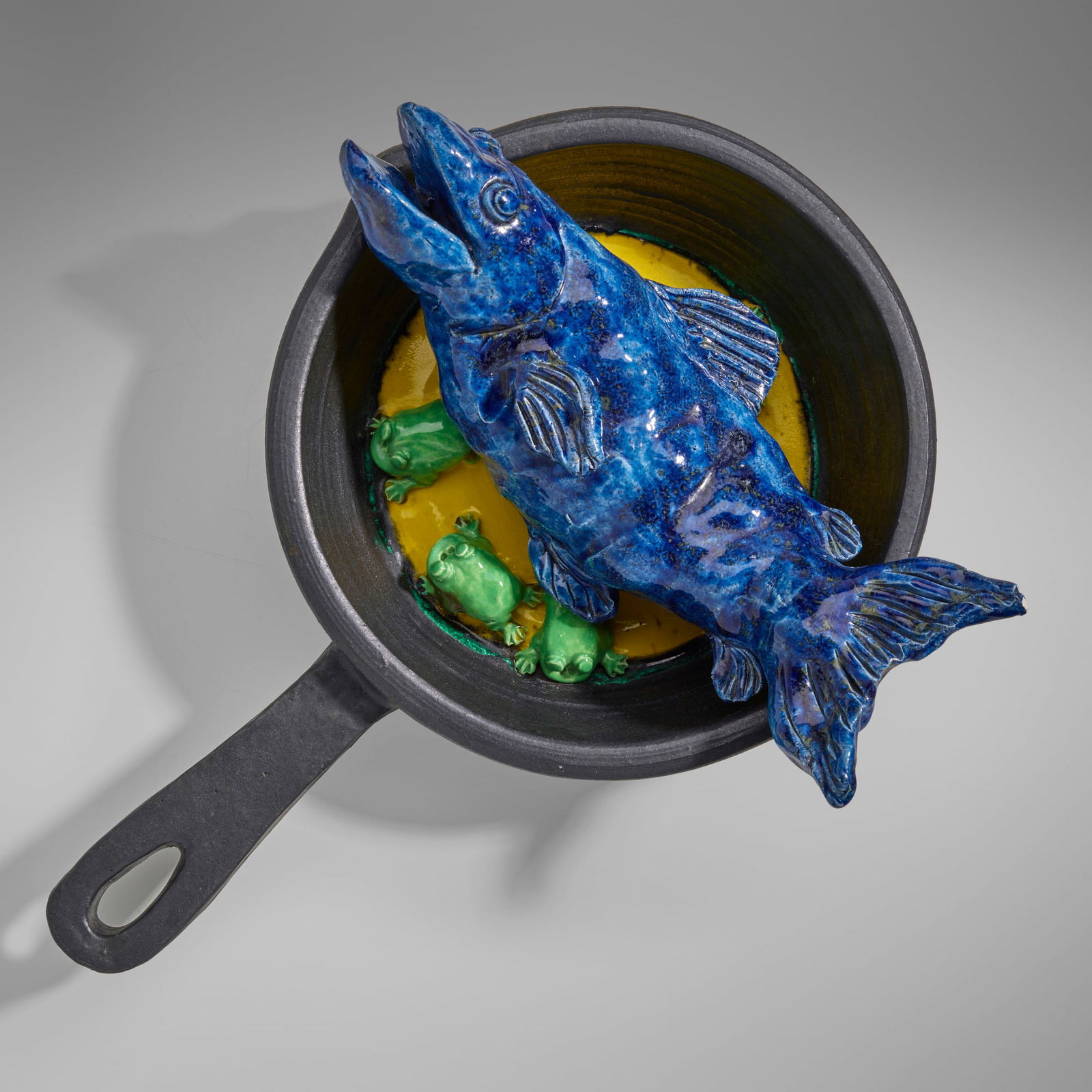 David Gilhooly, Fish Fry 3: David Gilhooly Fish Fry 3 USA, 1993glazed earthenware 5.75 h x 19.5 w x 14.5 d in (15 x 50 x 37 cm) Incised signature, title and date to underside 'Gilhooly 1993 Fish Fry 3'. Sold with a digit