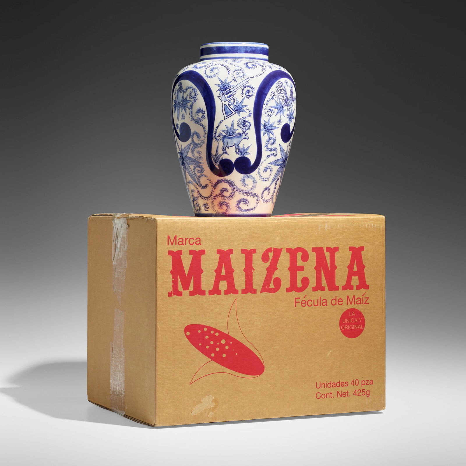 Eduardo Sarabia, A thin line between love and hate 37: Eduardo Sarabia A thin line between love and hate 37 USA, 2005hand-painted earthenware, screenprinted cardboard, tape overall: 26.75 h x 17.5 w x 13 d in (68 x 44 x 33 cm) box: 14 h x 17.5 w x 13