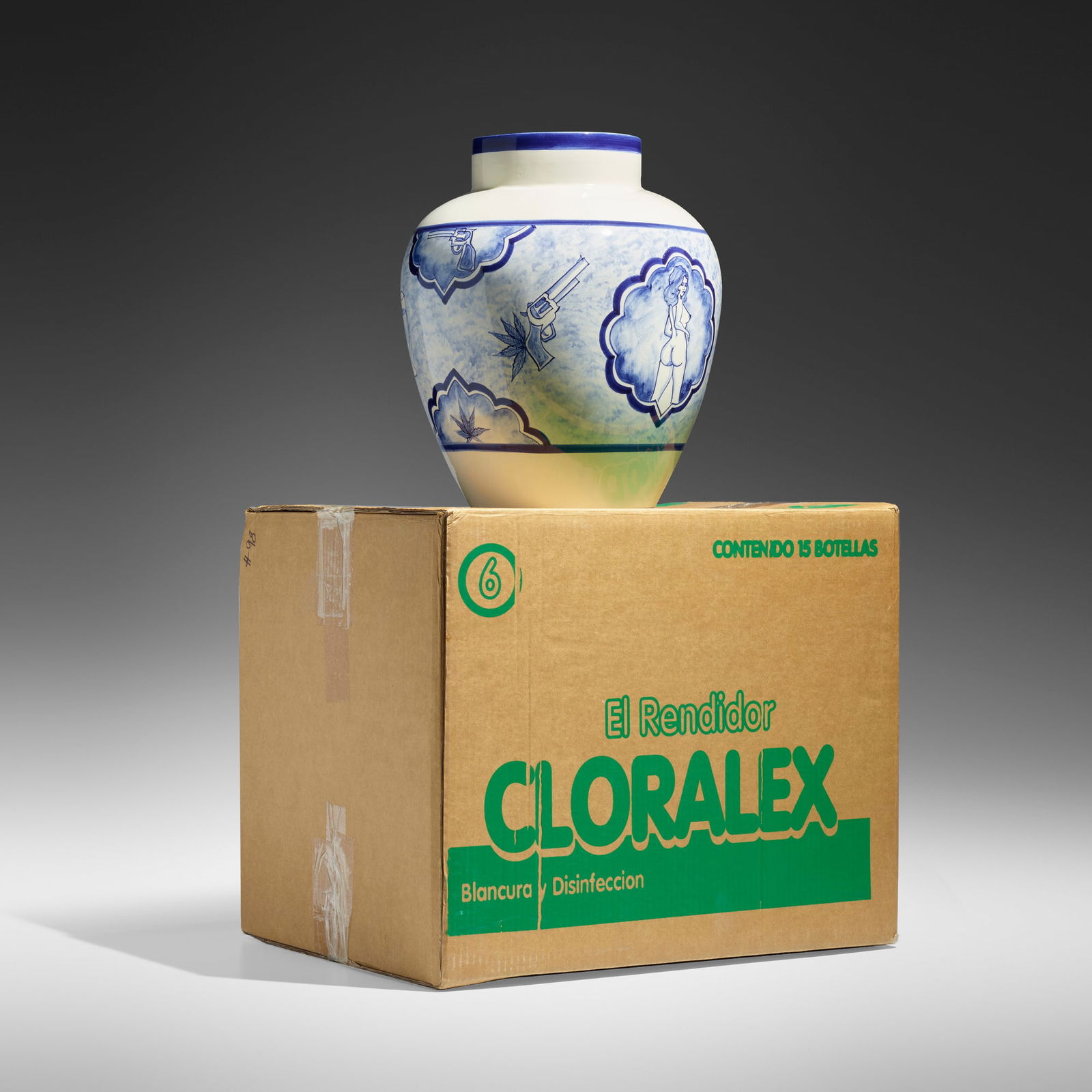 Eduardo Sarabia, A thin line between love and hate 93: Eduardo Sarabia A thin line between love and hate 93 USA, 2005hand-painted earthenware, screenprinted cardboard, tape overall: 31.75 h x 20 w x 16 d in (81 x 51 x 41 cm) box: 17 h x 20 w x 16 d in