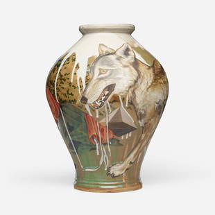 Bryan Burk and Tony Marsh, Untitled (wolf vase): Bryan Burk and Tony Marsh Untitled (wolf vase) 2021hand-decorated and glazed stoneware 19.5 h x 14.5 dia in (50 x 37 cm) Tony Marsh threw the form and Bryan Burk, a prominent tattoo artist in