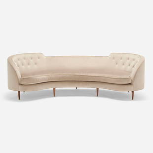 Modern, Sofa: Modern Sofa upholstery, walnut veneer, brass 32 h x 104.5 w x 39 d in (81 x 265 x 99 cm) This work will ship from Los Angeles, California.