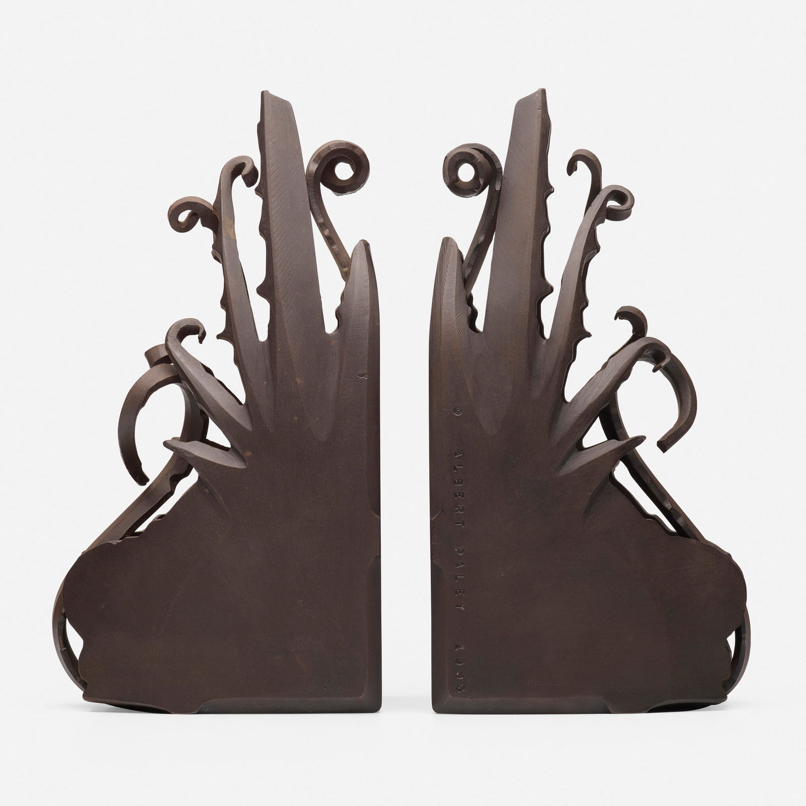 Albert Paley, Spike bookends, pair: Albert Paley Spike bookends, pair USA, 1993forged and fabricated steel with a natural finish 6 h x 11.5 w x 3.75 d in (15 x 29 x 10 cm) Impressed signature and date to lower edge of each examp