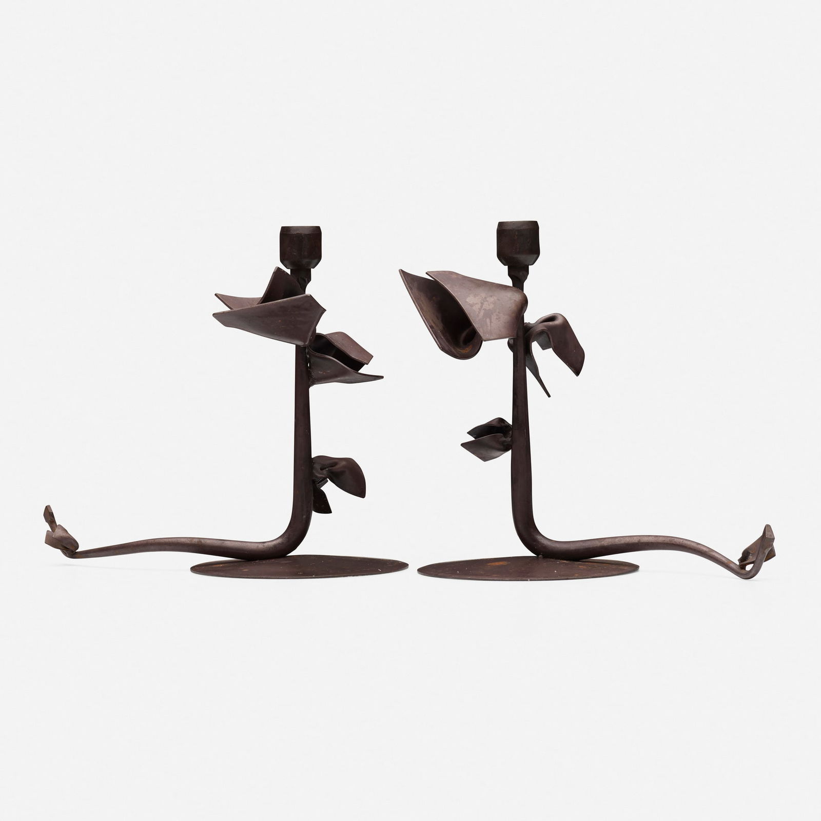 Albert Paley, Tuft candleholders, pair: Albert Paley Tuft candleholders, pair USA, 1993forged mild steel with a blackened patina each approximately: 8.5 h x 9.5 w x 5.25 d in (22 x 24 x 13 cm) Impressed signature and date to top of