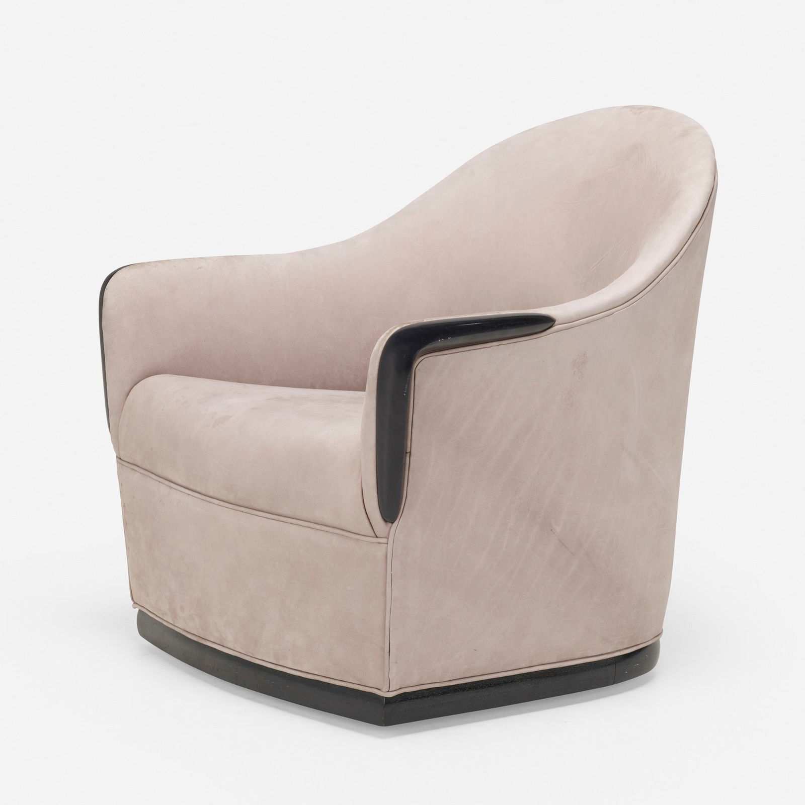 David Ebner, Lounge chair: David Ebner Lounge chair USA, 1984lacquered wood, suede leather 30.75 h x 30.25 w x 29 d in (78 x 77 x 74 cm) Chair features a swivel base. Carved signature and date to underside 'D.N.E. 84'.<