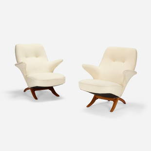 Theo Ruth, Penguin lounge chairs, pair: Theo Ruth Penguin lounge chairs, pair ArtifortThe Netherlands, 1957upholstery, oak each: 36 h x 32 w in (91 x 81 cm) This work will ship from Los Angeles, California.