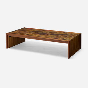 Percival Lafer, Coffee table: Percival Lafer Coffee table Brazil, c. 1975mahogany, jacaranda, rosewood, glass 13.75 h x 58.75 w x 30.25 d in (35 x 149 x 77 cm) Decal manufacturer's label to underside 'design by Lafer MP'.