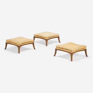 Edward Wormley, Stacking ottomans, set of three: Edward Wormley Stacking ottomans, set of three DunbarUSA, c. 1967mahogany, upholstery 15 h x 29 w x 29 d in (38 x 74 x 74 cm) Metal D-shaped manufacturer's label to underside of each exa