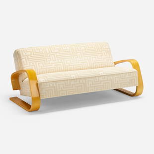 In the manner of Alvar Aalto, Sofa: In the manner of Alvar Aalto Sofa c. 1980upholstery, laminated birch 27 h x 63 w x 37 d in (69 x 160 x 94 cm) This work will ship from Chicago, Illinois.